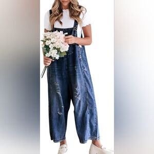 Women's Distressed Denim Overalls Mid Blue Size M/XXL (New/ Unworn)